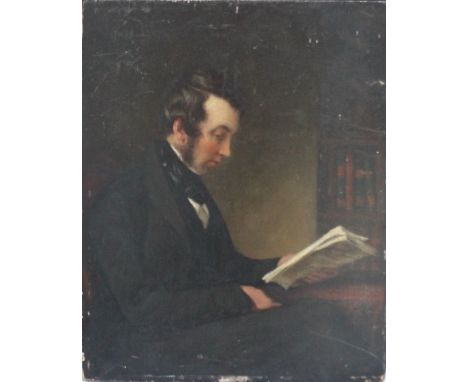 A LATE 19TH / EARLY 20TH CENTURY HALF PORTRAIT OF A SEATED GENTLEMAN READING, unsigned, oil on panel, unframed, 36.5 x 29.5 c