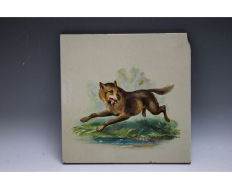 A MINTON TILE WITH HAND PAINTED DECORATION DEPICTING A HOUND RUNNING, marked Minton Hollins & Co. Patent Tile Works Stoke on 