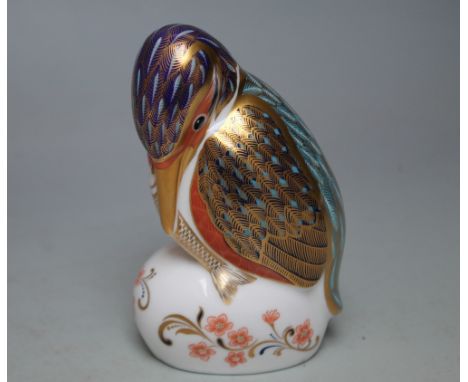 A ROYAL CROWN DERBY PAPERWEIGHT IN THE FORM OF A KINGFISHER, printed marks to base, gold stopper, W 11.5 cm