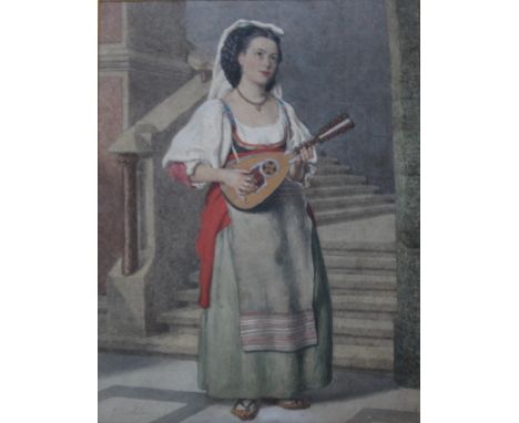 CONTINENTAL SCHOOL (XIX-XX). An Eastern lady playing a lute, signed lower left but indistinct, watercolour, gilt framed and g