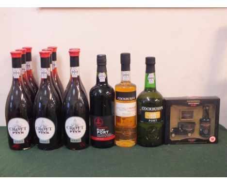 6 BOTTLES OF CROFT PINK PORT, together with 1 bottle of Sainsbury's ruby port, 2 bottles of Cockburn's light white port in di