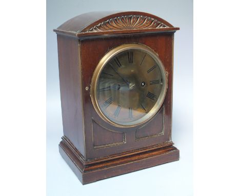 AN EARLY 20TH CENTURY DOUBLE FUSEE QUARTER STRIKE MANTEL CLOCK BY WINTERHALDER & HOFMEIER , arched mahogany case with shell m