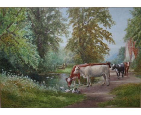 ARTHUR STANLEY WILKINSON (c. 1860-1930). Cattle watering with ducks, signed lower left, watercolour, gilt framed and glazed, 