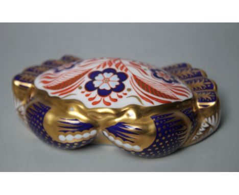 A ROYAL CROWN DERBY PAPERWEIGHT IN THE FORM OF A CRAB, printed marks to base, gold stopper, W 12 cm