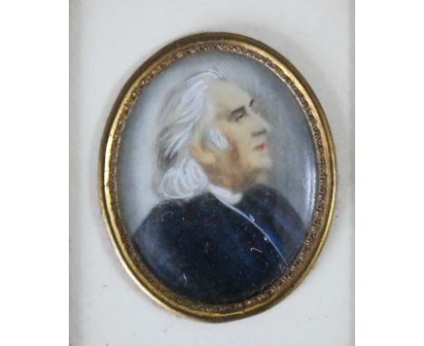 AN EARLY 20TH CENTURY OVAL PORTRAIT MINIATURE ON IVORINE STUDY OF FRANZ LISZT, indistinctly signed middle right, framed and g