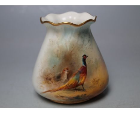 A ROYAL WORCESTER OVOID VASE SIGNED 'JAS STINTON', having fluted rim with gilt edge, pheasant and quail decoration, printed m