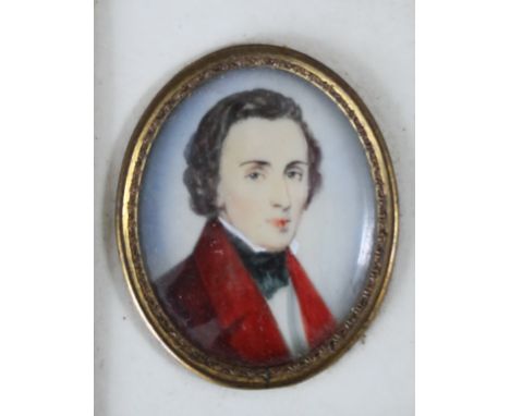 AN EARLY 20TH  CENTURY OVAL PORTRAIT MINIATURE ON IVORINE STUDY OF FREDERICK CHOPIN, indistinctly signed middle to lower righ