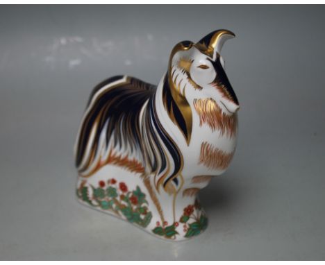 A ROYAL CROWN DERBY PAPERWEIGHT IN THE FORM OF A ROUGH COLLIE, printed marks to base, gold stopper, W 17 cm