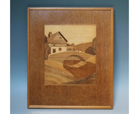 A 20TH CENTURY ARTS & CRAFTS STYLE INLAID SPECIMEN WOOD PANEL, landscape scene, framed, 34 x 28.5 cm