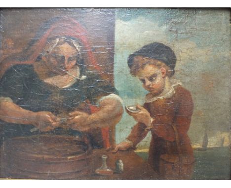 A 19TH CENTURY STUDY OF OYSTER SHUCKERS, sailing vessels beyond, unsigned, oil on panel, framed, 13 x 8 cm