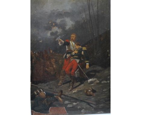 A 19TH CENTURY BATTLE SCENE, unsigned, oil on paper, laid on panel, unframed, 14 x 10 cm