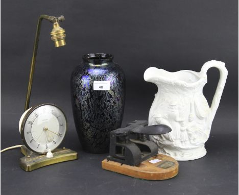 An assortment of collectables. Including a Royal Guernsey studio vase, Portmarion jug, Pifco timeslide clock table lamp and a