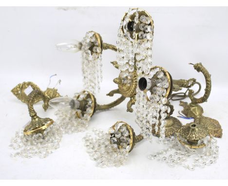 A vintage five arm chandelier and a pair of brackets. The metal frames with multiple glass droplets, approximate H50cm