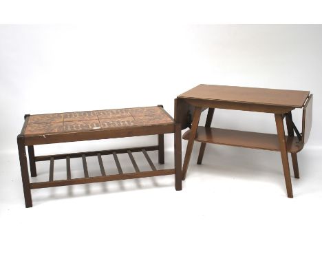 Two retro tables. One with a mahogany frame and tile top, L87cm x D47cm x H40.5cm, the other a drop leaf design with tapered 
