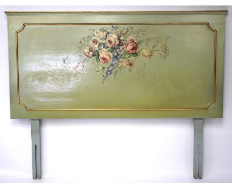 A wooden Edwardian headboard. Painted with a bouquet of flowers on a green ground with gilt borders, L141cm x H110cm Conditio