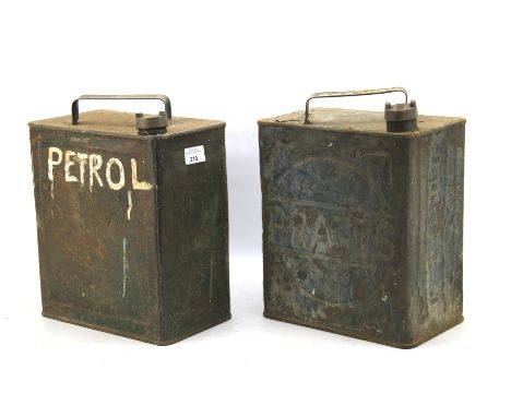 Two vintage metal petrol cans. One marked 'Pratts', the other painted with the word 'Oil', H32cm