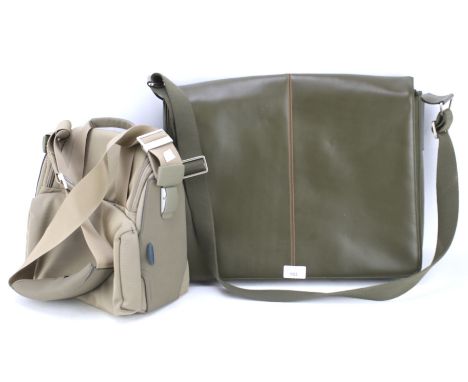 Two contemporary bags. One a mandarin duck bag in light brown, the other a Knomo travel bag in dark green