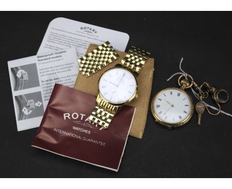 A boxed Rotary Les Originales gilt wristwatch and a gilt cased pocket watch.