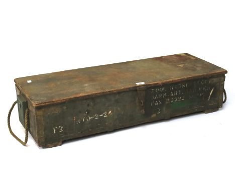 A 1930s military tool box. The wooden case with a hinged lid and handles to either side, the exterior printed with regiment n