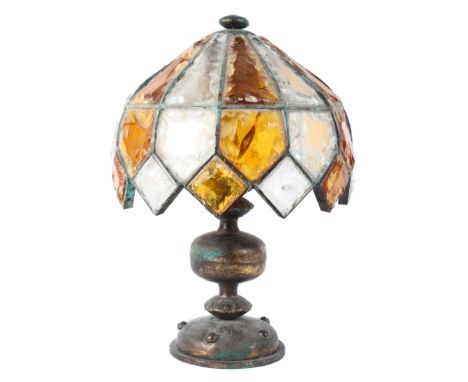 A 20th century Tiffany style gilt-metal mounted table lamp. With twin lights, the domed shade with amber and clear glass pane