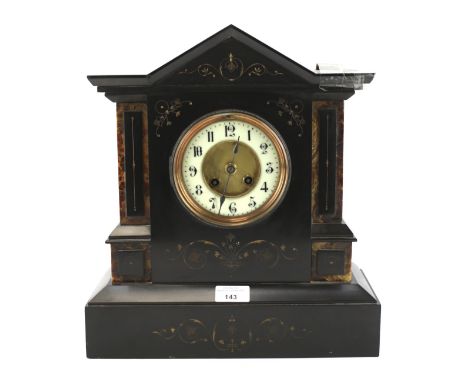 A 19th century mantel clock. The enamel dial with Arabic numerals denoting hours, with gilt floral sprig detailing, mounted i