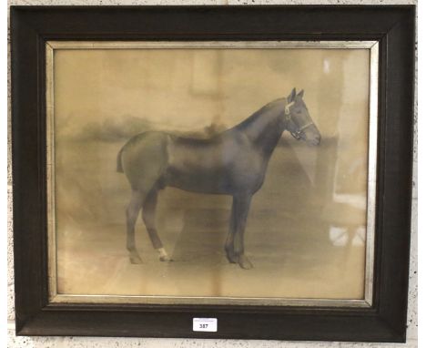 A pencil sketch of a horse. Indistinct signature (lower right), 50cm x 39.5cm, framed and glazed