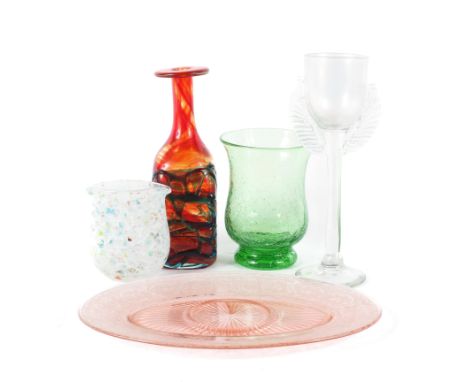 A collection of coloured glass and Art Glass. Including: an Isle of Wight speckled white and coloured compressed vase, a mid-