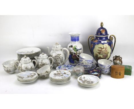 An assortment of Japanese and oriental style ceramics, glass and metalware. Including two cloisonne enamel boxes, eggshell po