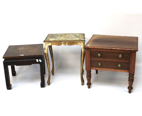 A French style side table, a Chinese painted side table and a Victorian mahogany commode seat. The gilt side table measuring 