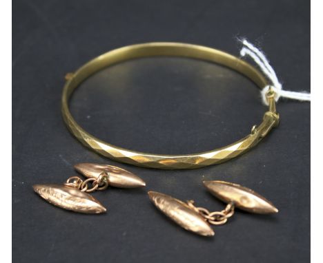 A pair of 9ct rose gold cufflinks and a 1/5 9ct bangle. Cufflinks weight 3.2g