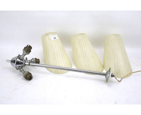 A Retro three branch chrome ceiling light. With three glass shades with checkered design, H48cm