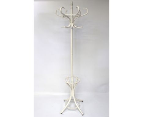 A vintage wooden coat and hat stand. Painted white, H190cm