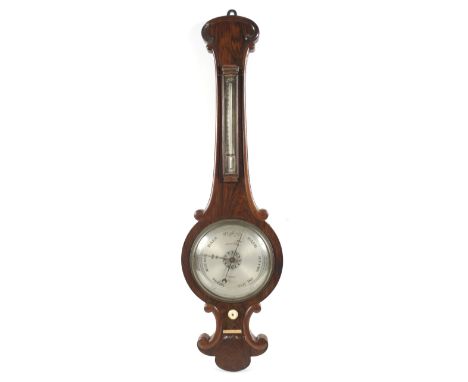 A Victorian mahogany banjo barometer. The circular dial inscribed 'Dunster and Gulliford' below a thermometer, within scroll 