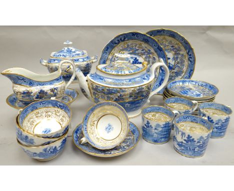 An extensive early nineteenth century blue and white Willow pattern part tea-service, probably Miles Mason, decorated with ov