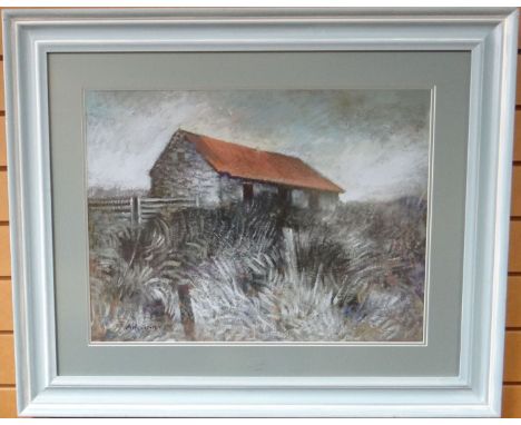 ANEURIN JONES mixed media - Welsh stone-built barn with rust-coloured roof, signed, 17.5 x 23.5 ins (45 x 60 cms)