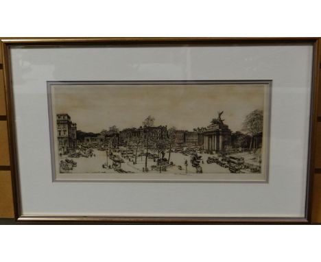 HENRY RUSHBURY monochrome print of busy London at 'Constitution Hill, 1947' with the Wellington Arch and traffic of the perio