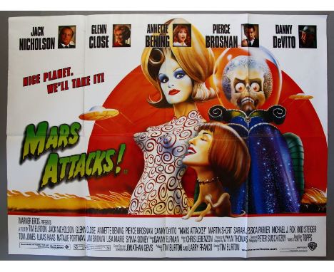 Sixty plus folded British Quad film posters including Mars Attacks plus Wyatt Earp, Jumanji, Outbreak, JFK, Fargo, Barton Fin