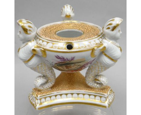 A Chamberlains Worcester painted and gilded inkstand for Duke of Cumberland - the bowl-form inkpot raised upon three mermaid-