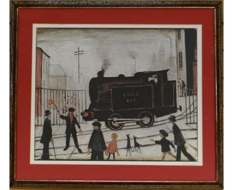 L S LOWRY coloured print entitled 'Level Crossing, 1946', signed in pencil, 19.25 x 23.5 ins (49 x 59 cms)