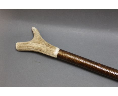 Hazel shaft walking stick with stag antler handle and integral whistle.  138 cm. 