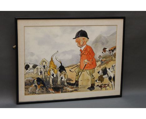 John William Wilkinson (Wilk 1906-1994) a watercolour cartoon, depicting Anthony Chapman of the Coniston Foxhounds with hound