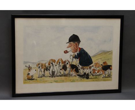John William Wilkinson (Wilk 1906-1994) a watercolour cartoon, depicting Albert Benson with hounds and a hare holding a sign 