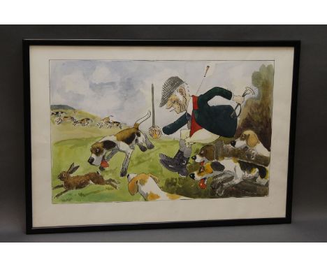 John William Wilkinson (Wilk 1906-1994) a watercolour cartoon, depicting Stan Elwood and the Black Combe Beagles chasing a ha