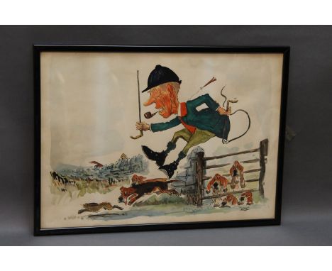 John William Wilkinson (Wilk 1906-1994) a watercolour cartoon, depicting Albert Benson leaping a gate with tired looking houn