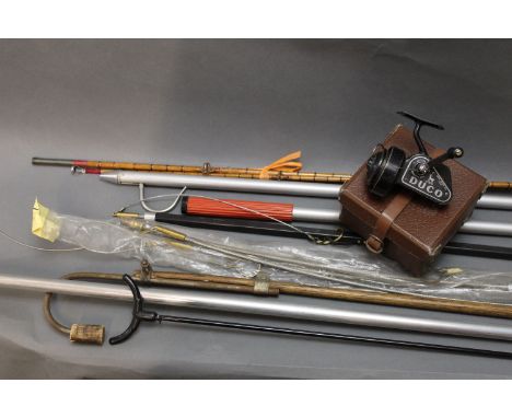 Two Abu Gaffe/boat hooks No 10 and No 13, a tailer with three spare sections, a vintage homemade gaff, bank rod rests and a s
