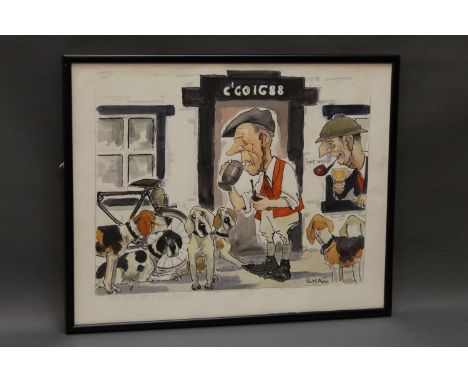 John William Wilkinson (Wilk 1906-1994) a watercolour cartoon, The Blencathra Foxhounds outside the Horse &amp; Farrier, Thre