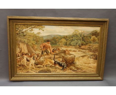 Three otter hunting prints, the first after J.S. Noble titled "The Otter Hunt", dated 1874, 44 cm x 75 cm in a gilt frame, ot