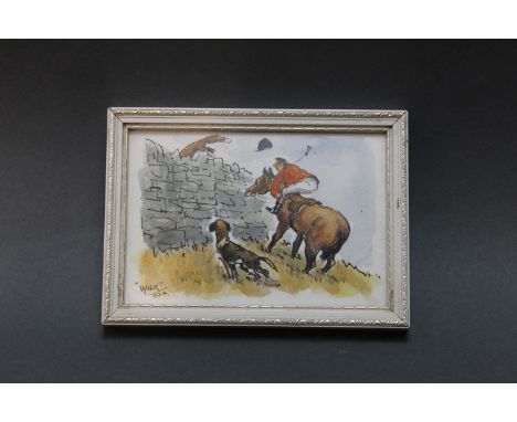 John William Wilkinson Wilk 1906-1994) a watercolour Christmas card, depicting huntsman hound and fox leaping a wall, signed 