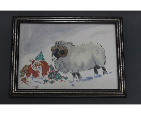 John William Wilkinson (Wilk 1906-1994) two watercolour Christmas cards, the first depicting Father Christmas after being kno