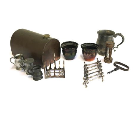 A mixed lot of metal items to include copper hot water bottle; good plated five division toast rack; pewter tankard and sever